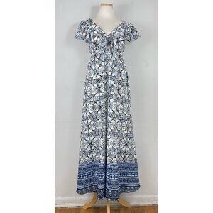 TAYLOR Dress Maxi Blue White Ruffle Sleeves Bow Center Bodice w/ Keyhole Size 6